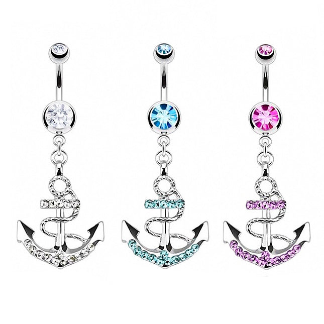 Bauchnabelpiercing Schmuck Kristall Stecker mit Seefahrt Anker Anhänger