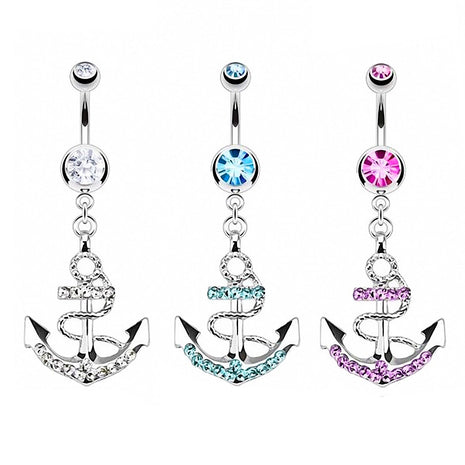 Belly button piercing jewelry crystal plug with nautical anchor pendant 