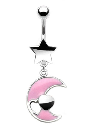 Belly Button Piercing Plug with Star and Crescent Pendant Pink 