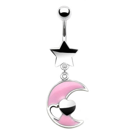 Belly Button Piercing Plug with Star and Crescent Pendant Pink 