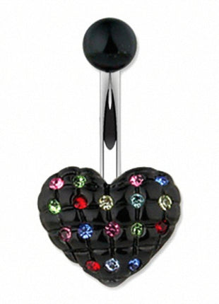 Belly Button Piercing Stud Heart Black with Multi Color Crystals 