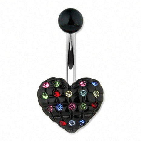 Belly Button Piercing Stud Heart Black with Multi Color Crystals 