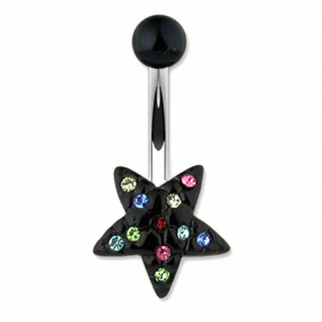 Belly Button Piercing Stud Star Black with Multi Color Crystals 