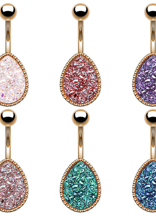 Bauchnabelpiercing Banane Stecker Druzy Kristall Quarz Oval Rosegold IP