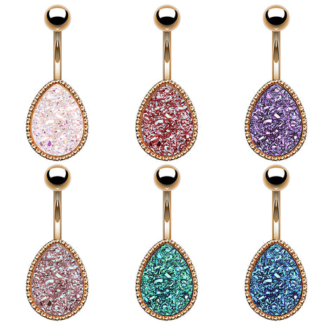 Bauchnabelpiercing Banane Stecker Druzy Kristall Quarz Oval Rosegold IP