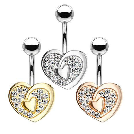 Belly Button Piercing Banana Plug Heart with Crystal Rhinestone Inlay 