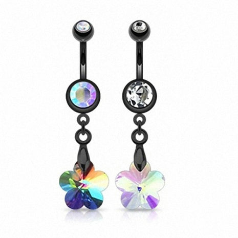 Belly Button Piercing Jewelry Plug Black with Zirconia Flower 