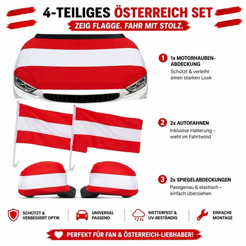 🇦🇹 5 teiliges Österreich Fan Set Motorhaubenabdeckung Autofahnen Spiegelfahnen