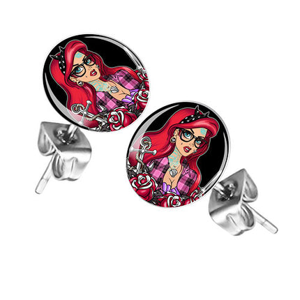 Ohrstecker Ohrringe mit Motiv Rockabilly Tattoo Girl