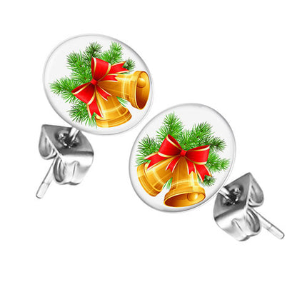 Ohrstecker Ohrringe mit Motiv Weihnachtsglocken und Tannenzweig