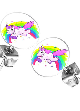 Ohrstecker Ohrringe mit Motiv über Regenbogen springendes Einhorn