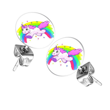 Ohrstecker Ohrringe mit Motiv über Regenbogen springendes Einhorn