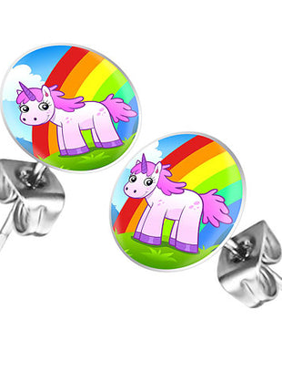 Ohrstecker Ohrringe mit Motiv Einhorn mit Regenbogen