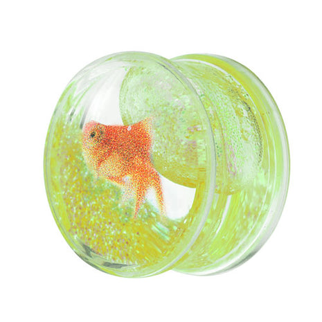 Liquid Glitter Ohr Plug Double Flared Neon Grün mit Fisch