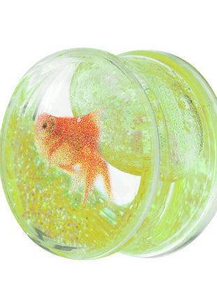 Liquid Glitter Ohr Plug Double Flared Neon Grün mit Fisch