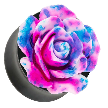 Ohr Tunnel Plug mit wunderschöner Rose Blau,Weiß,Pink in 3D Optik