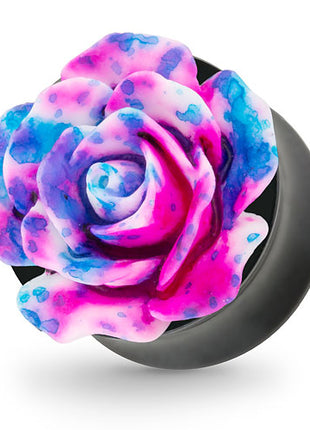 Ohr Tunnel Plug mit wunderschöner Rose Blau,Weiß,Pink in 3D Optik