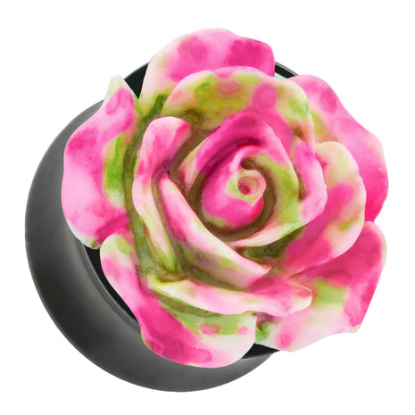 Ohr Tunnel Plug mit wunderschöner Rose Pink,Grün in 3D Optik