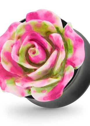 Ohr Tunnel Plug mit wunderschöner Rose Pink,Grün in 3D Optik