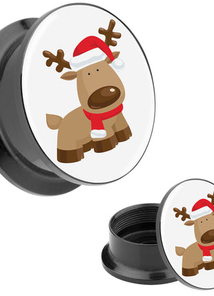 Picture Ear Tunnel Thread Plug Motif Reindeer with Christmas Hat 