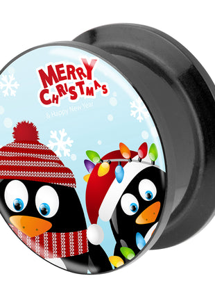 Picture Ohr Tunnel Gewinde Plug  Motiv Merry Christmas Pinguine