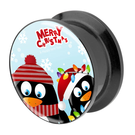 Picture Ear Tunnel Thread Plug Motif Merry Christmas Penguins 