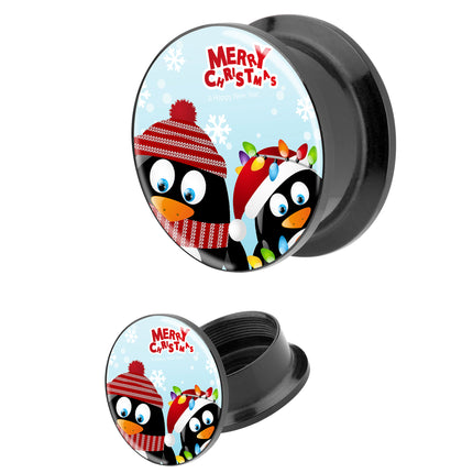 Picture Ohr Tunnel Gewinde Plug  Motiv Merry Christmas Pinguine