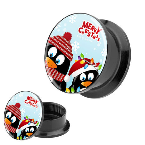 Picture Ohr Tunnel Gewinde Plug  Motiv Merry Christmas Pinguine