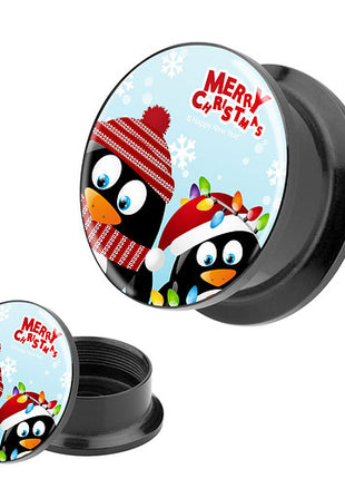 Picture Ohr Tunnel Gewinde Plug  Motiv Merry Christmas Pinguine