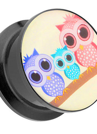 Picture Ear Tunnel Thread Plug Motif Owl Family 