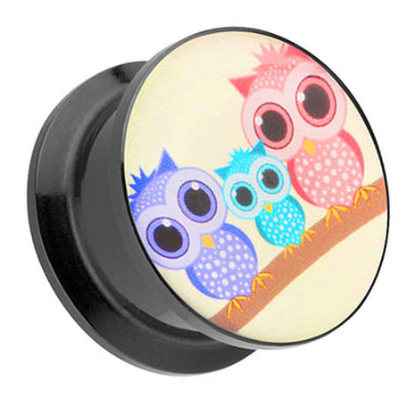 Picture Ear Tunnel Thread Plug Motif Owl Family 