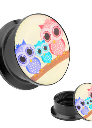 Picture Ear Tunnel Thread Plug Motif Owl Family 