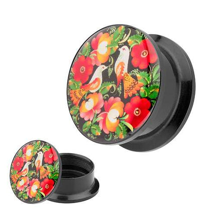 Picture Ohr Tunnel Gewinde Plug  Motiv Blumen & Vögel