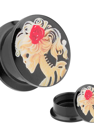 Picture Ear Tunnel Thread Plug Motif Skeleton Red Rose 