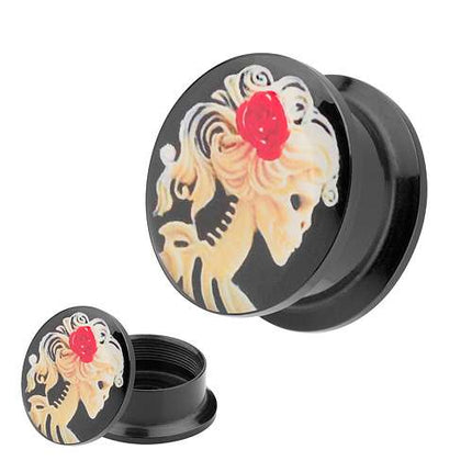 Picture Ohr Tunnel Gewinde Plug  Motiv Skeleton Red Rose