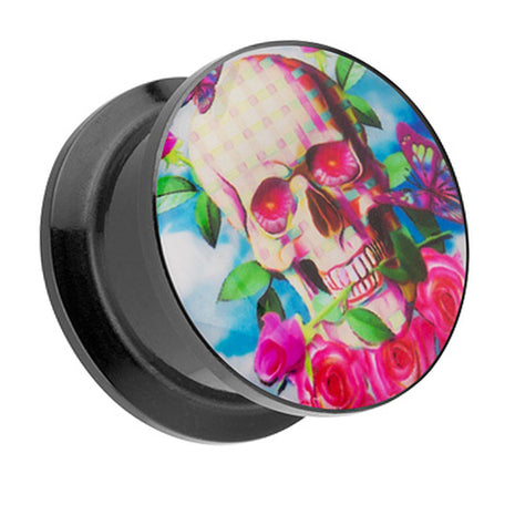 Picture Ear Tunnel Thread Plug Motif Skull with Rose 