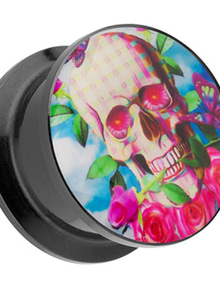 Picture Ohr Tunnel Gewinde Plug  Motiv Totenkopf mit Rose