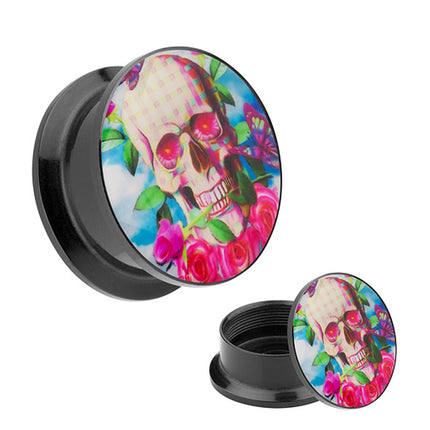 Picture Ohr Tunnel Gewinde Plug  Motiv Totenkopf mit Rose