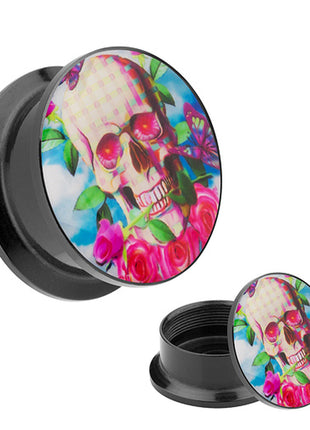 Picture Ohr Tunnel Gewinde Plug  Motiv Totenkopf mit Rose