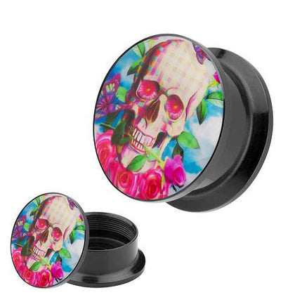 Picture Ohr Tunnel Gewinde Plug  Motiv Totenkopf mit Rose