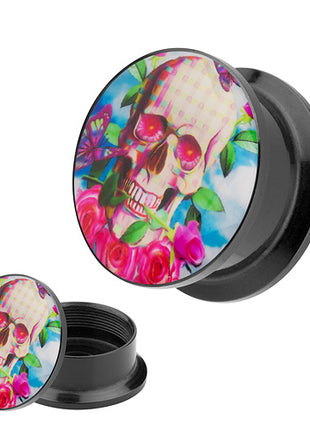 Picture Ohr Tunnel Gewinde Plug  Motiv Totenkopf mit Rose