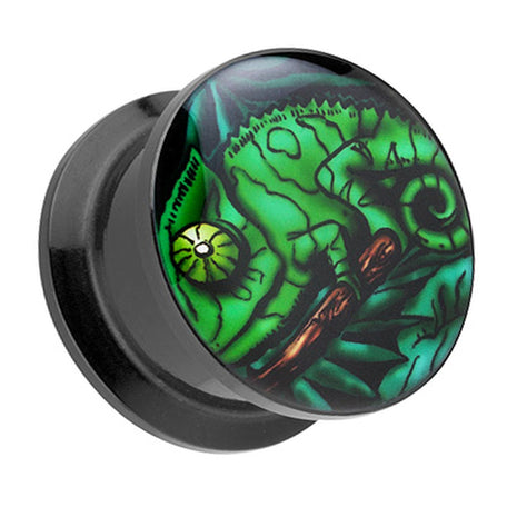 Picture Ear Tunnel Thread Plug Motif Green Chameleon 