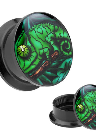 Picture Ear Tunnel Thread Plug Motif Green Chameleon 