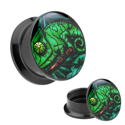 Picture Ohr Tunnel Gewinde Plug  Motiv grünes Chamäleon