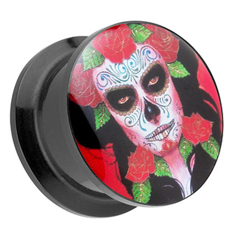 Picture ear tunnel thread plug motif Día de los Muertos skull 