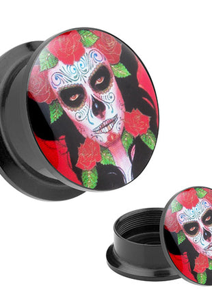 Picture Ohr Tunnel Gewinde Plug  Motiv Día de los Muertos Totenkopf