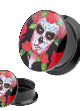 Picture Ohr Tunnel Gewinde Plug  Motiv Día de los Muertos Totenkopf