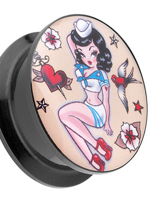 Picture Ohr Tunnel Gewinde Plug  Motiv Rockabilly Matrosen Mädchen