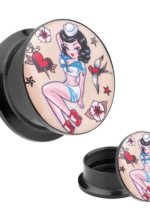 Picture Ohr Tunnel Gewinde Plug  Motiv Rockabilly Matrosen Mädchen