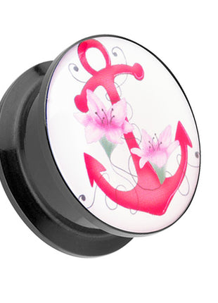 Picture Ohr Tunnel Gewinde Plug  Motiv Pink Anker & Blumen